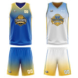 Custom Blue Yellow White Reversible Basketball Suit for Adults and Kids Personalized Jersey