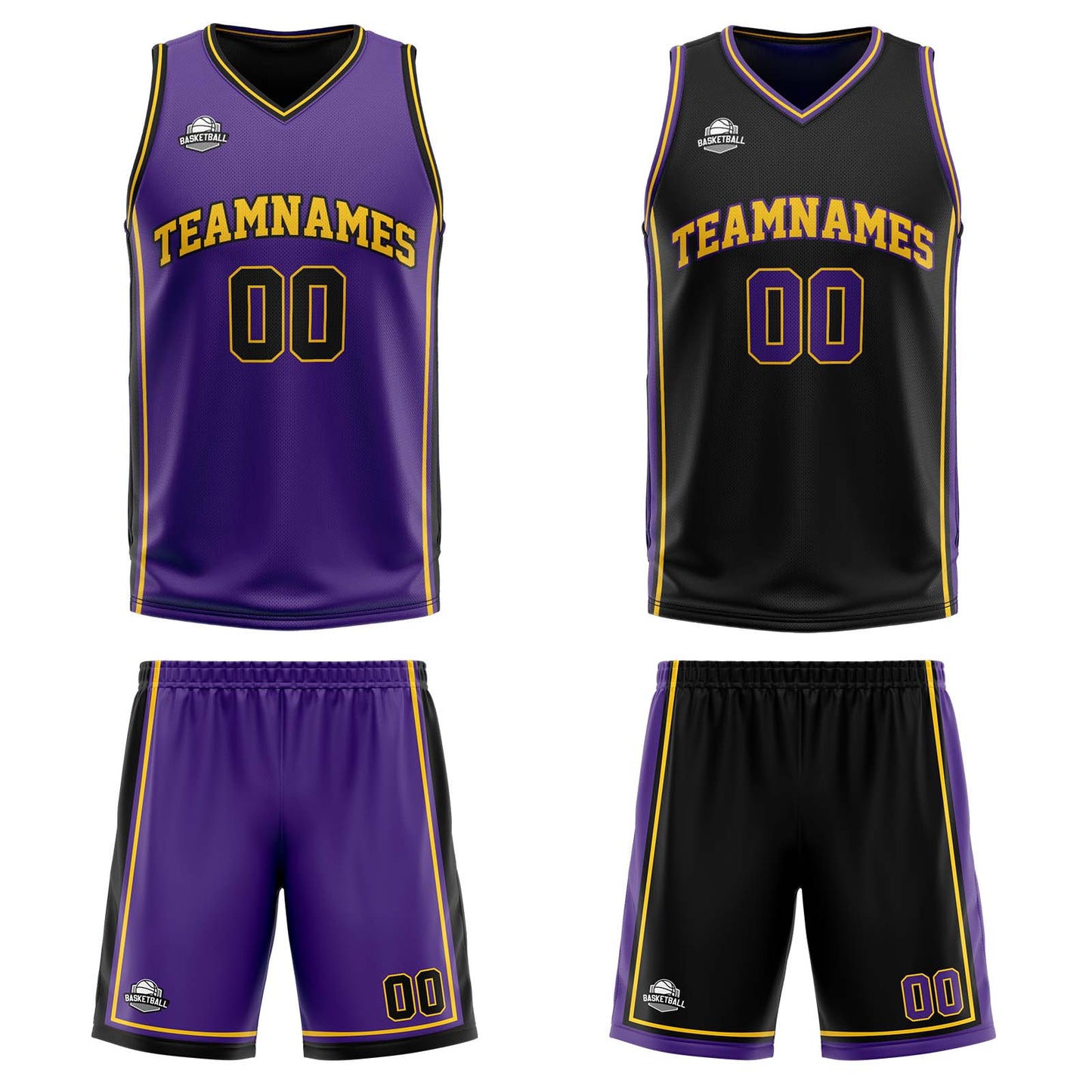 Custom Purple Black Yellow Reversible Basketball Suit for Adults and Kids Personalized Jersey