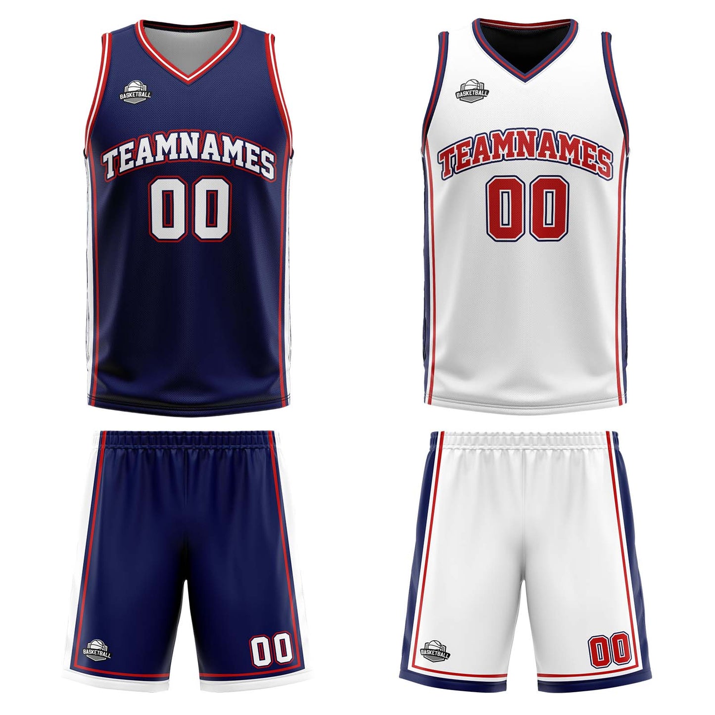 Custom Navy White Red Reversible Basketball Suit for Adults and Kids Personalized Jersey