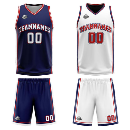 Custom Navy White Red Reversible Basketball Suit for Adults and Kids Personalized Jersey