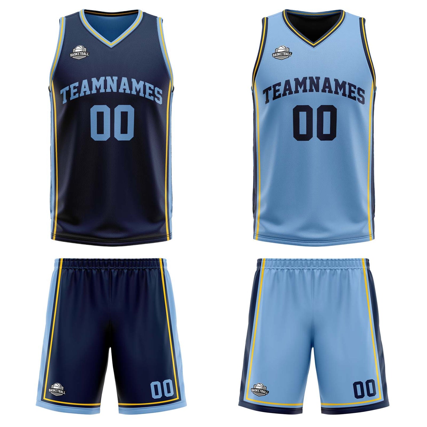 Custom Navy Light Blue Yellow Reversible Basketball Suit for Adults and Kids Personalized Jersey