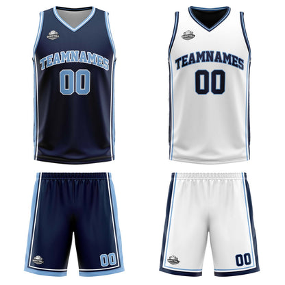 Custom Navy White Light Blue Reversible Basketball Suit for Adults and Kids Personalized Jersey
