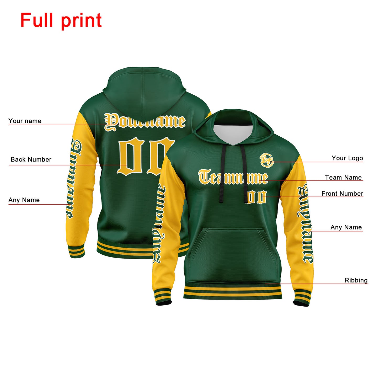Custom Green Yellow  Hoodie Personalized Mens Pullover Hoodie Printed Team Name Number Logo for Women