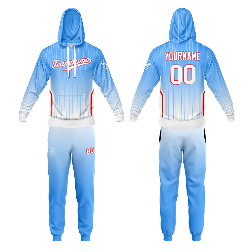 Custom Light Blue Hoodie Sweatshirt Set for Men Women Youth Tops and Pants Set Tracksuit