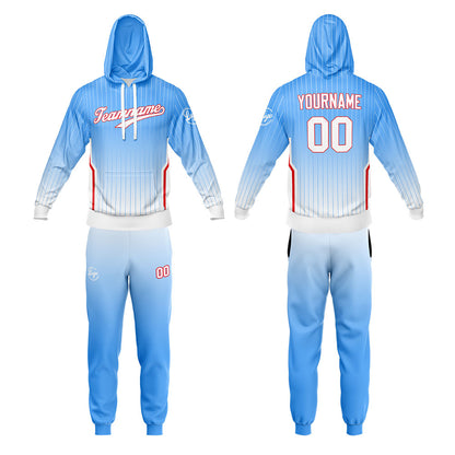 Custom Light Blue Hoodie Sweatshirt Set for Men Women Youth Tops and Pants Set Tracksuit