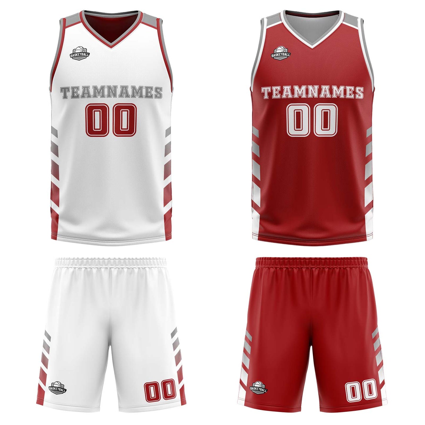 Custom White Red Grey Reversible Basketball Suit for Adults and Kids Personalized Jersey