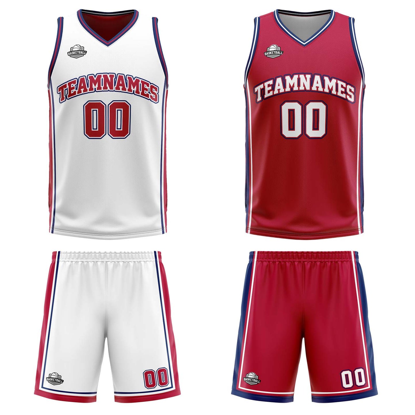 Custom White Red Navy Reversible Basketball Suit for Adults and Kids Personalized Jersey