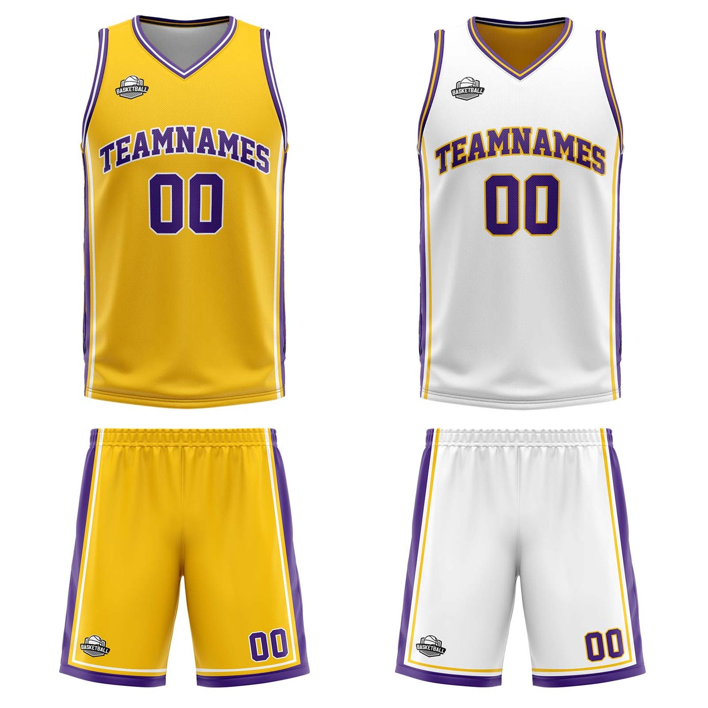 Custom Yellow White Purple Reversible Basketball Suit for Adults and Kids Personalized Jersey