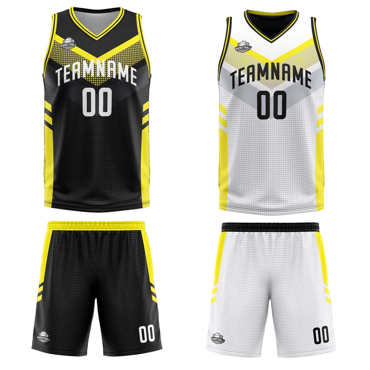 Custom Black White Yellow Reversible Basketball Suit for Adults and Kids Personalized Jersey