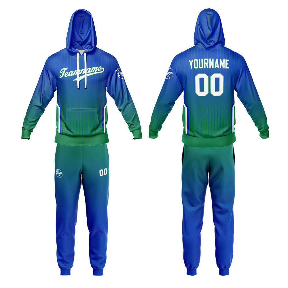 Custom Blue Green Sports hoodie Sweatshirt Set for Men Women Youth Tops and Pants Set Tracksuit