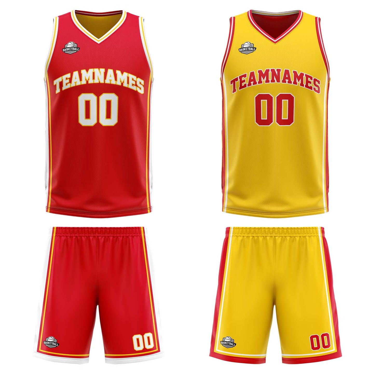 Custom Red Yellow White Reversible Basketball Suit for Adults and Kids Personalized Jersey
