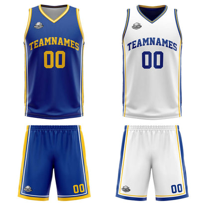Custom Royal White Yellow Reversible Basketball Suit for Adults and Kids Personalized Jersey