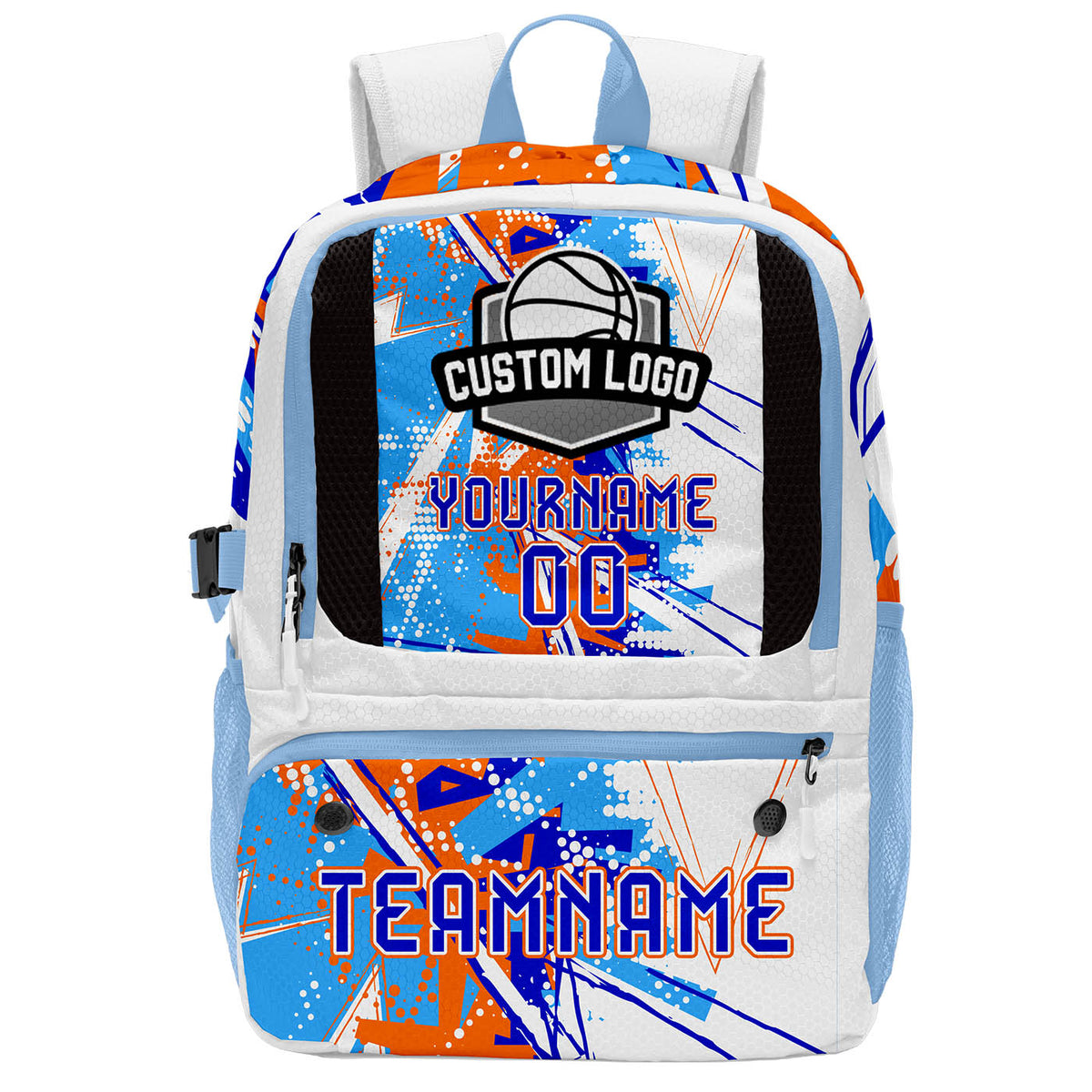 Custom Orange Blue White Basketball Soccer Backpack Personalized Player Names Numbers Team Logo #BB-0919-0025