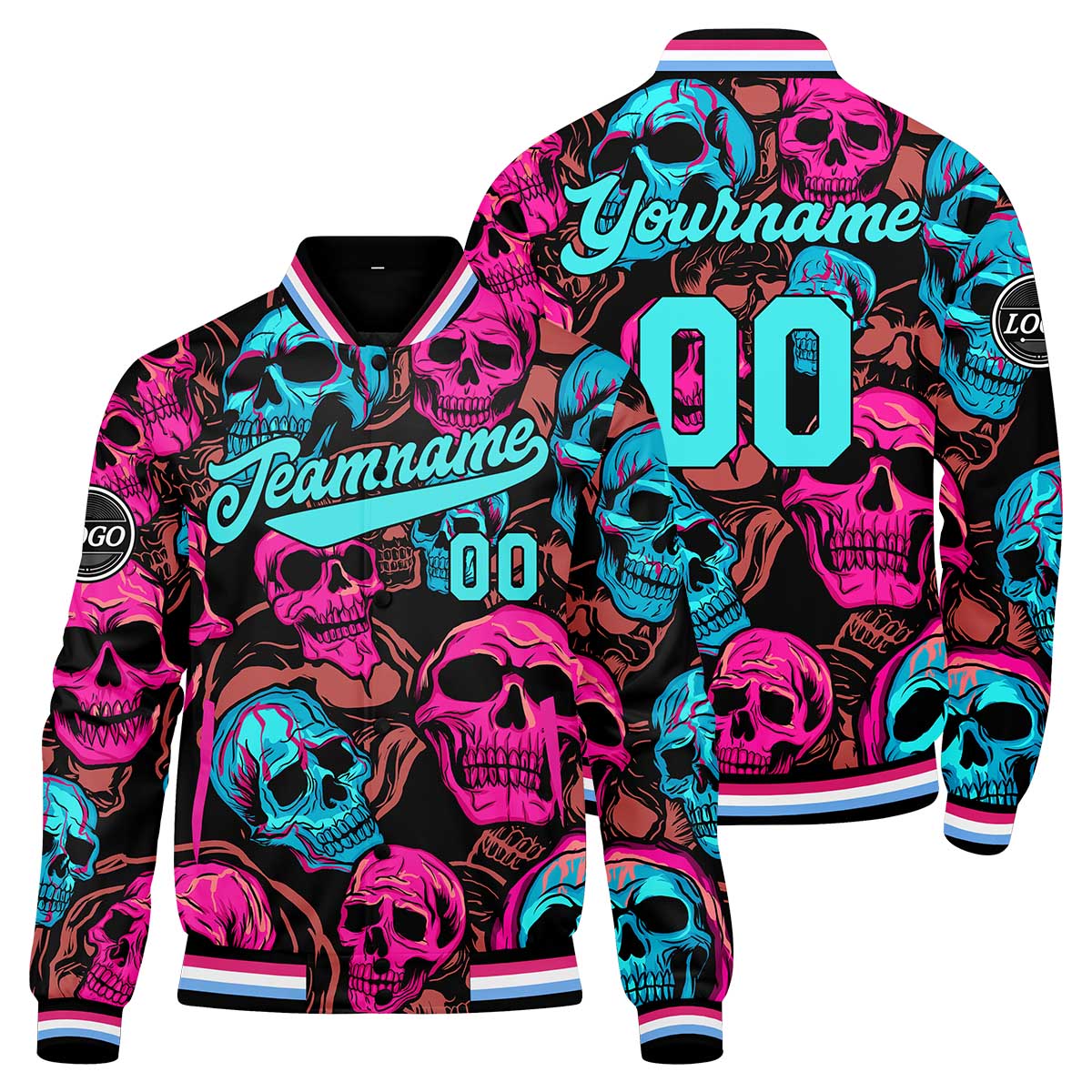 Custom Colored skeletons& Powder blue Varsity Jacket for Men Women and Youth with Personalized Letterman Jacket