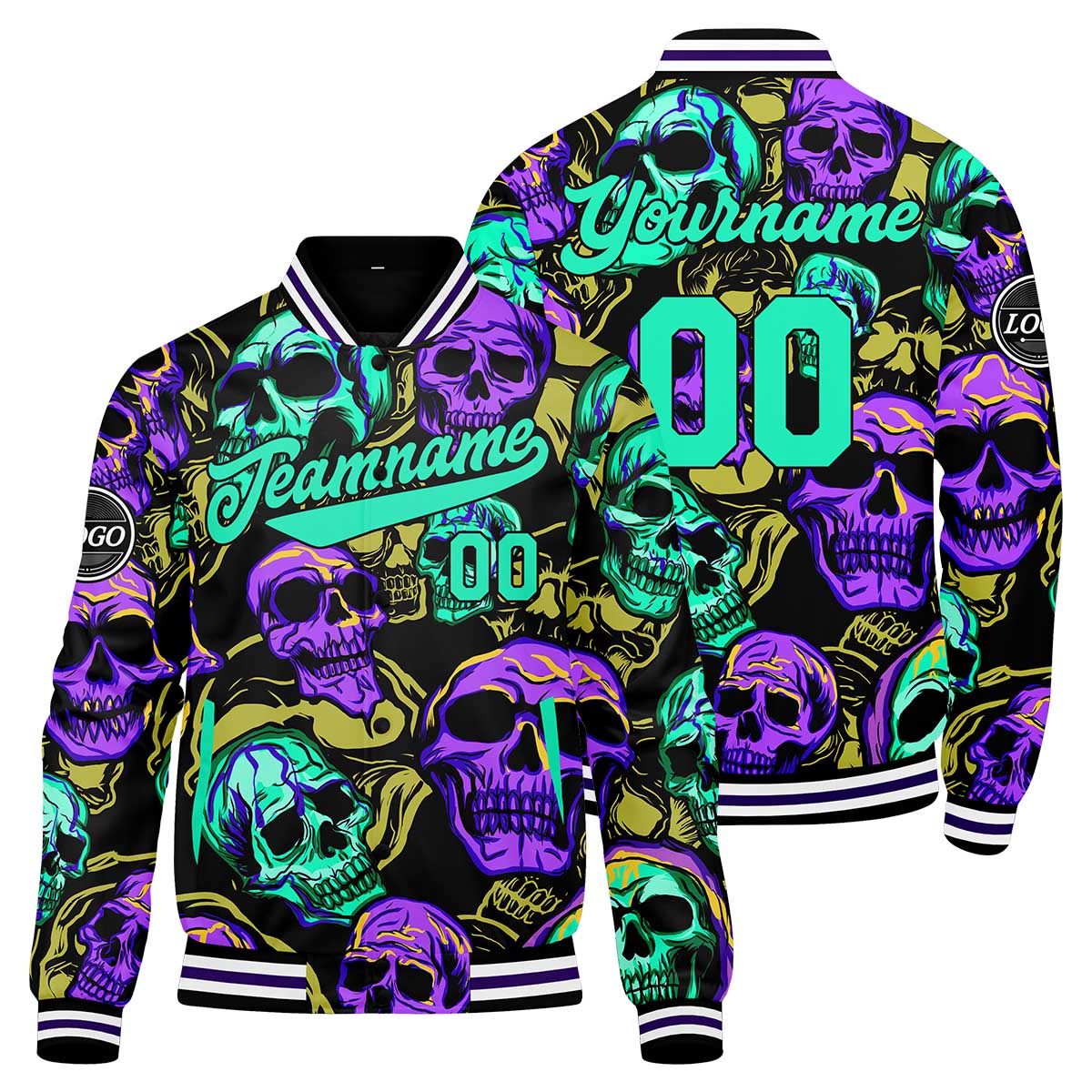Custom Colorful bones & Green purple Varsity Jacket for Men Women and Youth with Personalized Letterman Jacket