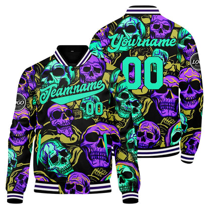 Custom Colorful bones & Green purple Varsity Jacket for Men Women and Youth with Personalized Letterman Jacket
