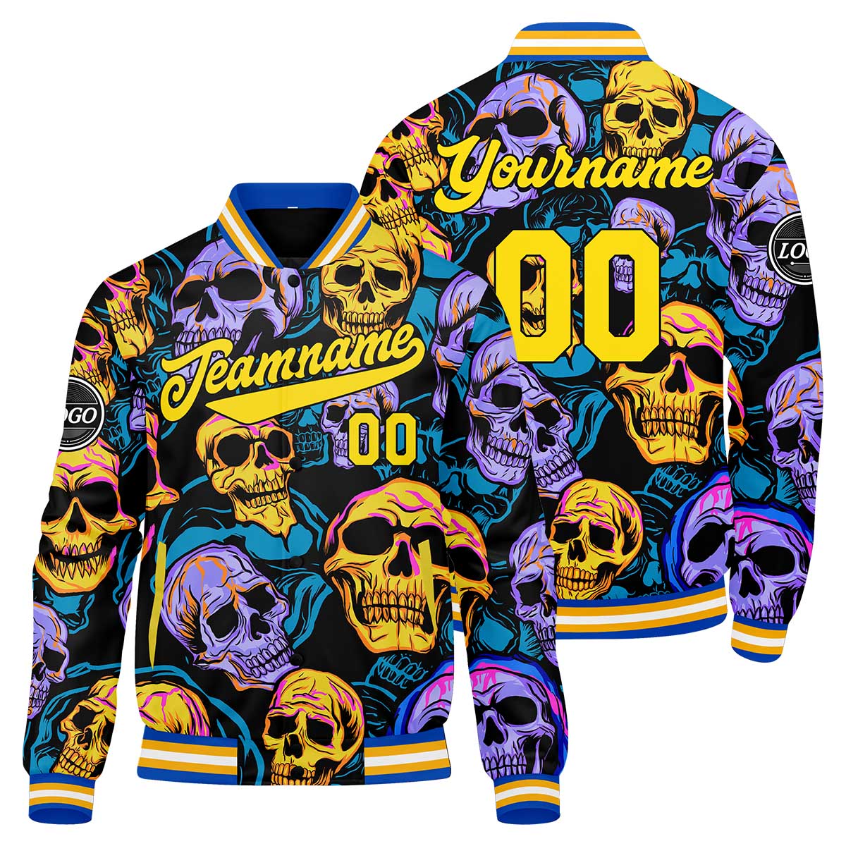 Custom Colored skeletons&Yellow-blue Varsity Jacket for Men Women and Youth with Personalized Letterman Jacket