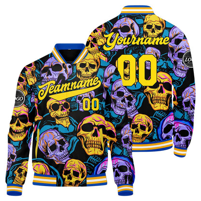 Custom Colored skeletons&Yellow-blue Varsity Jacket for Men Women and Youth with Personalized Letterman Jacket
