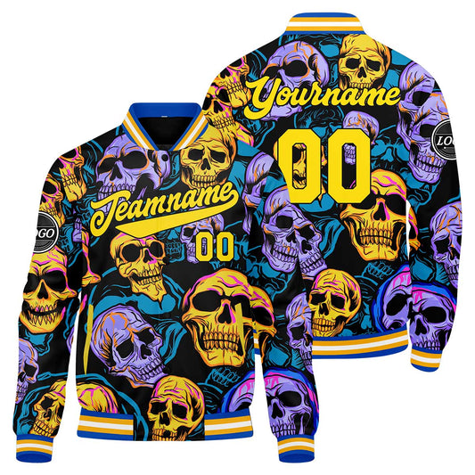 Custom Colored skeletons&Yellow-blue Varsity Jacket for Men Women and Youth with Personalized Letterman Jacket