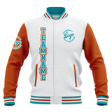 Custom Whtie Orange Teal Waterproof Varsity Jackets Personalized Stitched Name Number Logo to Letterman Jackets