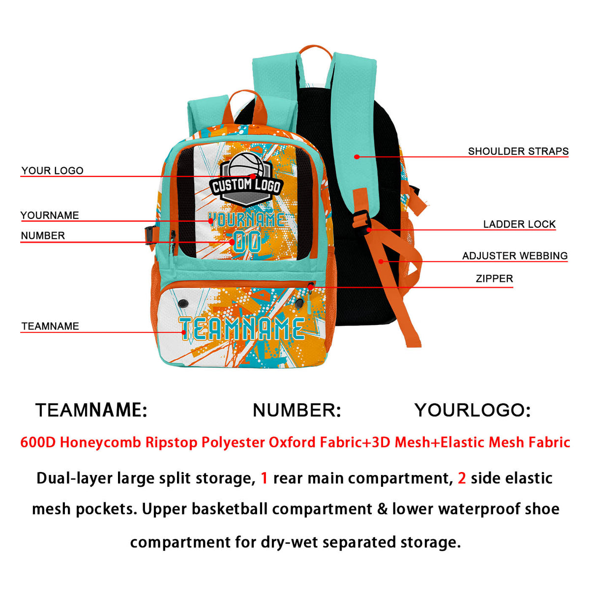 Custom Orange White Cyan Basketball Soccer Backpack Personalized Player Names Numbers Team Logo #BB-0919-0026