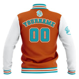 Custom Orange White Teal Waterproof Varsity Jackets Personalized Stitched Name Number Logo to Letterman Jackets