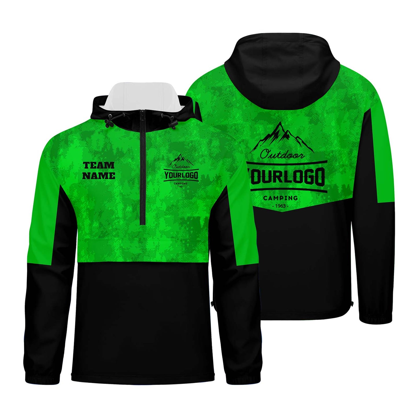 Custom Green Camouflage Windproof Softshell  Hooded Jacket - Lightweight Full - Zip, Full Print Logos & Texts