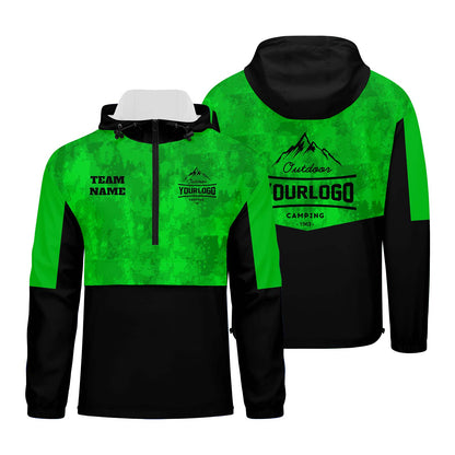 Custom Green Camouflage Windproof Softshell  Hooded Jacket - Lightweight Full - Zip, Full Print Logos & Texts