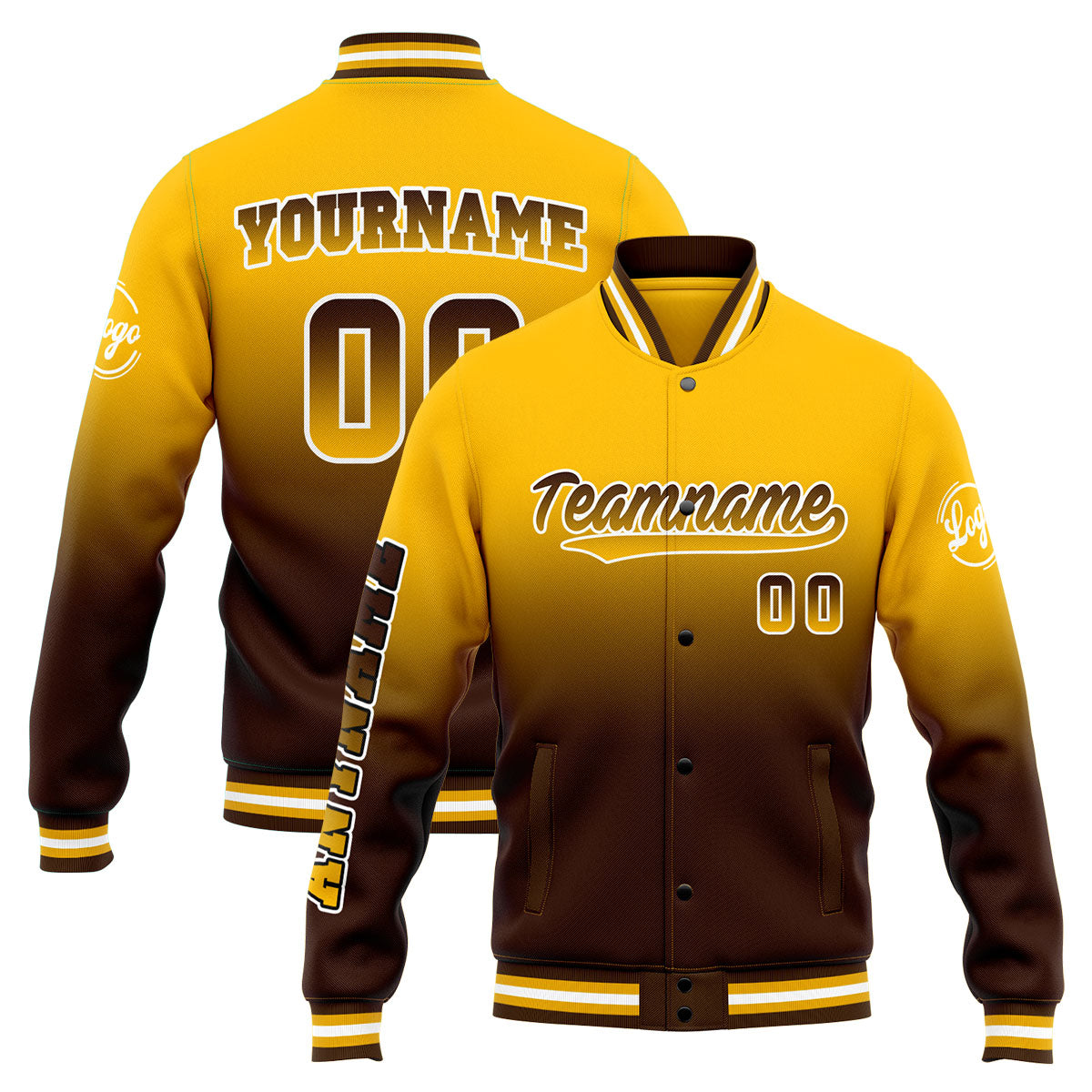 Custom Gradient Varsity Jacket Letterman jacket for Men, Women and Youth Yellow Brown