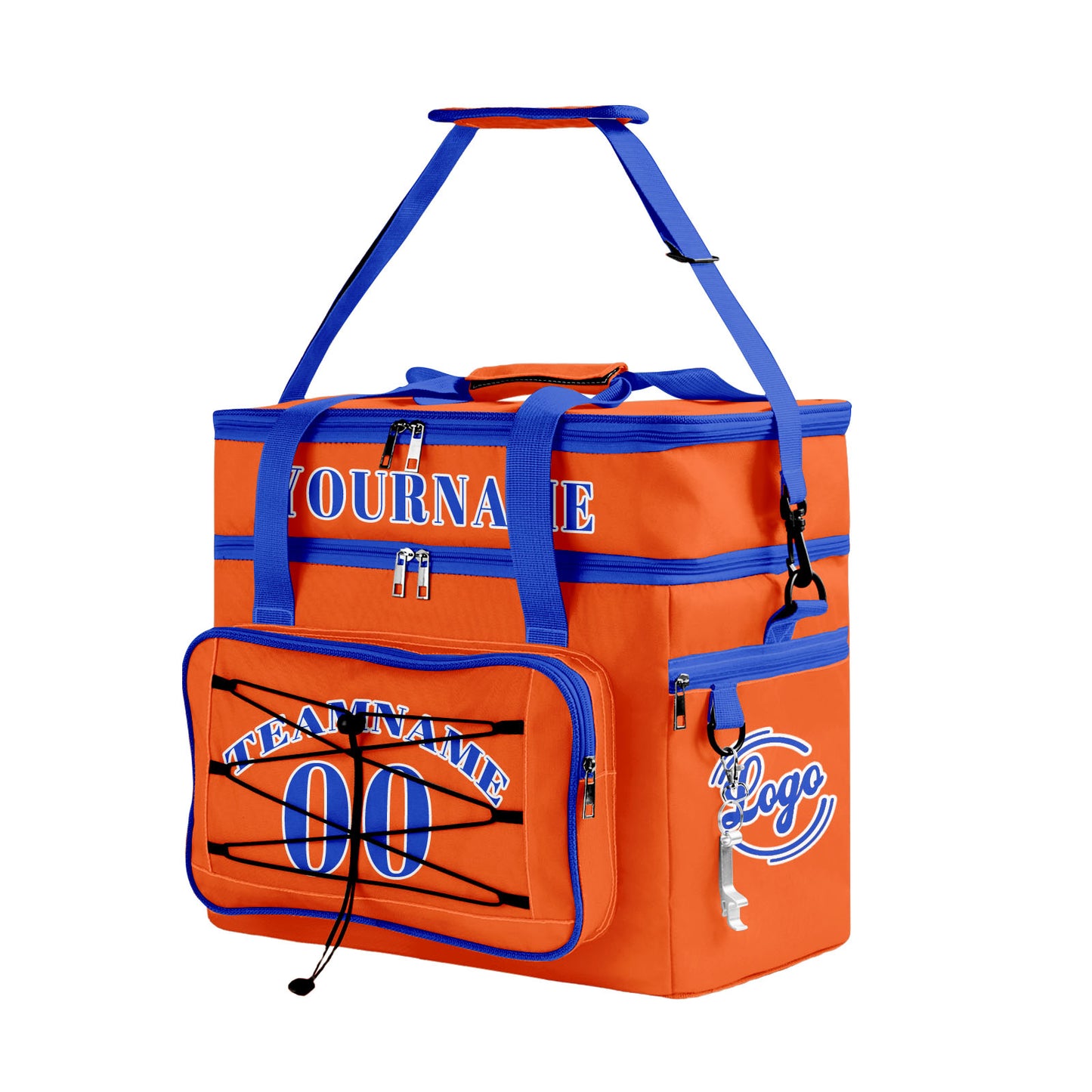 Custom Orange Blue All-Over Print Double Layer Insulated Cooler Bag - Waterproof 600D Oxford Picnic Tote for Team Events & Outdoor BBQ