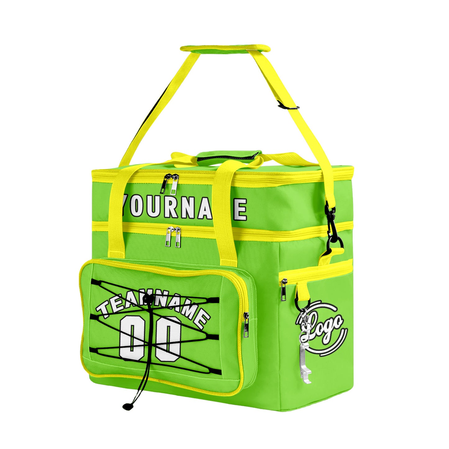 Custom Green Yellow All-Over Print Double Layer Insulated Cooler Bag - Waterproof 600D Oxford Picnic Tote for Team Events & Outdoor BBQ