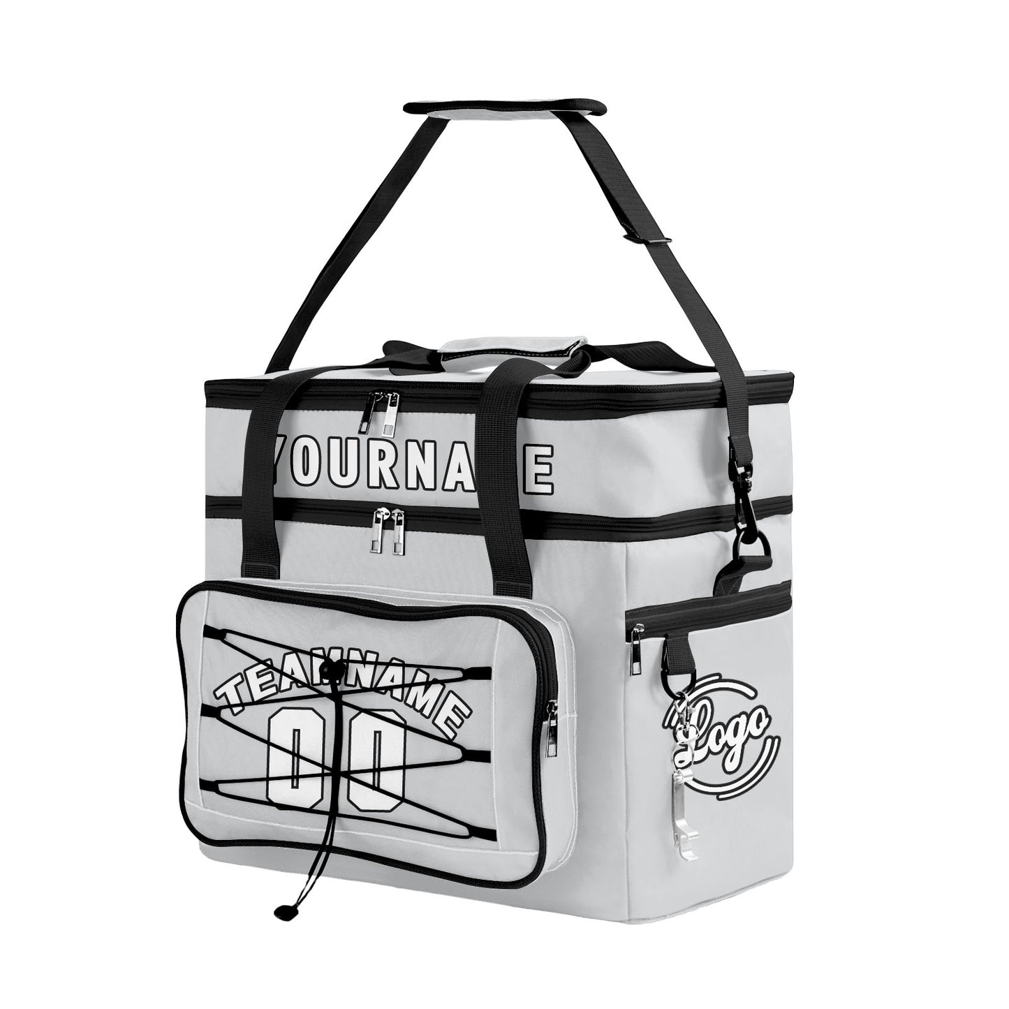 Custom Grey Black All-Over Print Double Layer Insulated Cooler Bag - Waterproof 600D Oxford Picnic Tote for Team Events & Outdoor BBQ