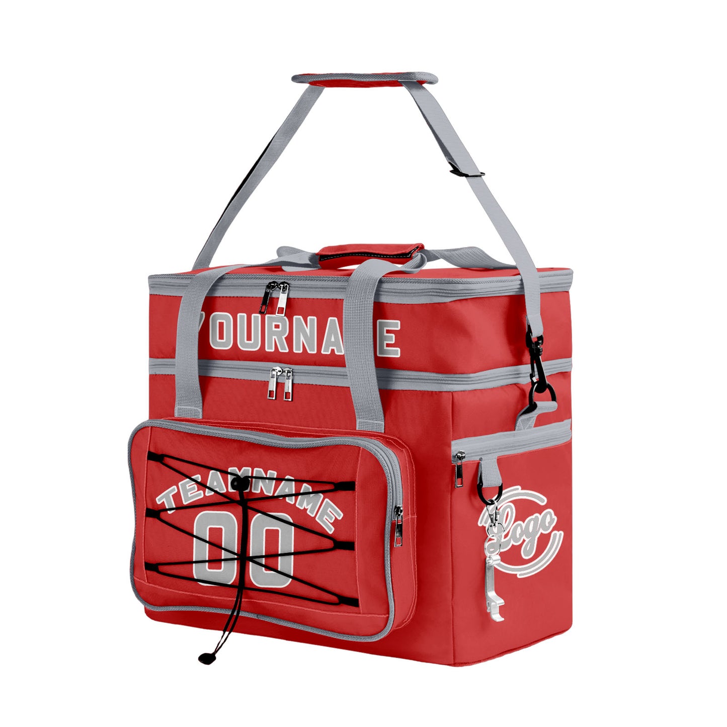 Custom Red Grey All-Over Print Double Layer Insulated Cooler Bag - Waterproof 600D Oxford Picnic Tote for Team Events & Outdoor BBQ