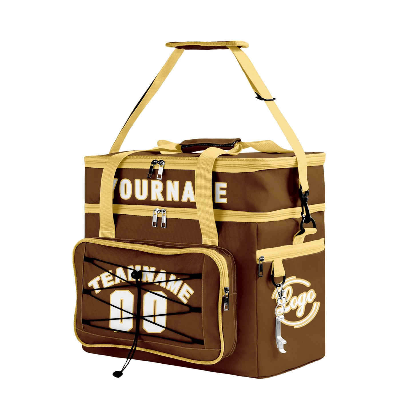 Custom Brown Yellow All-Over Print Double Layer Insulated Cooler Bag - Waterproof 600D Oxford Picnic Tote for Team Events & Outdoor BBQ