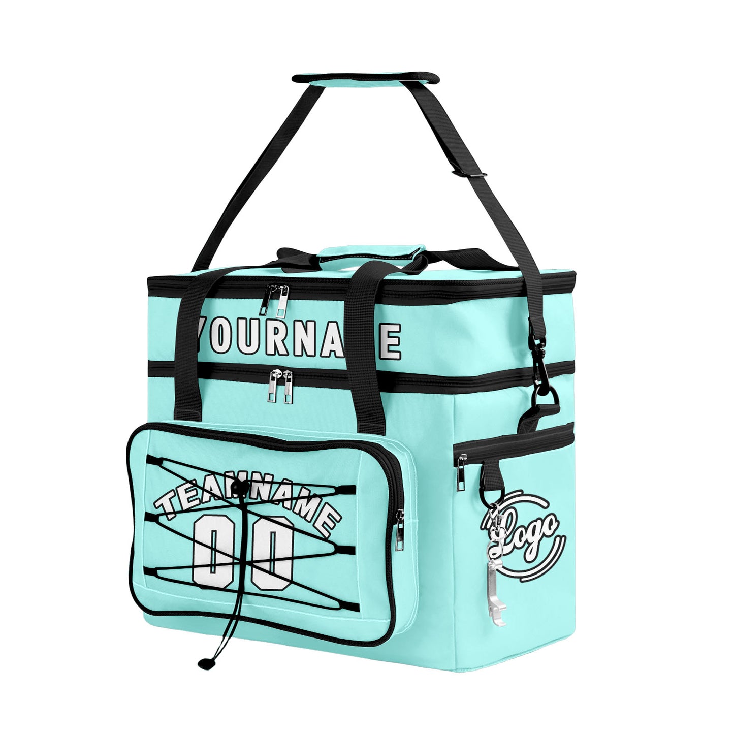 Custom Cyan Black All-Over Print Double Layer Insulated Cooler Bag - Waterproof 600D Oxford Picnic Tote for Team Events & Outdoor BBQ