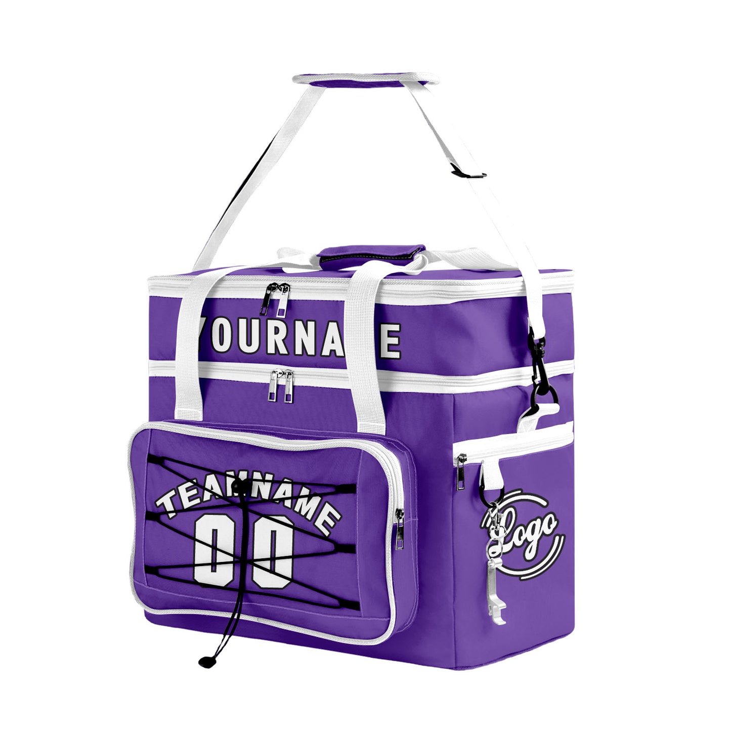 Custom Purple White All-Over Print Double Layer Insulated Cooler Bag - Waterproof 600D Oxford Picnic Tote for Team Events & Outdoor BBQ