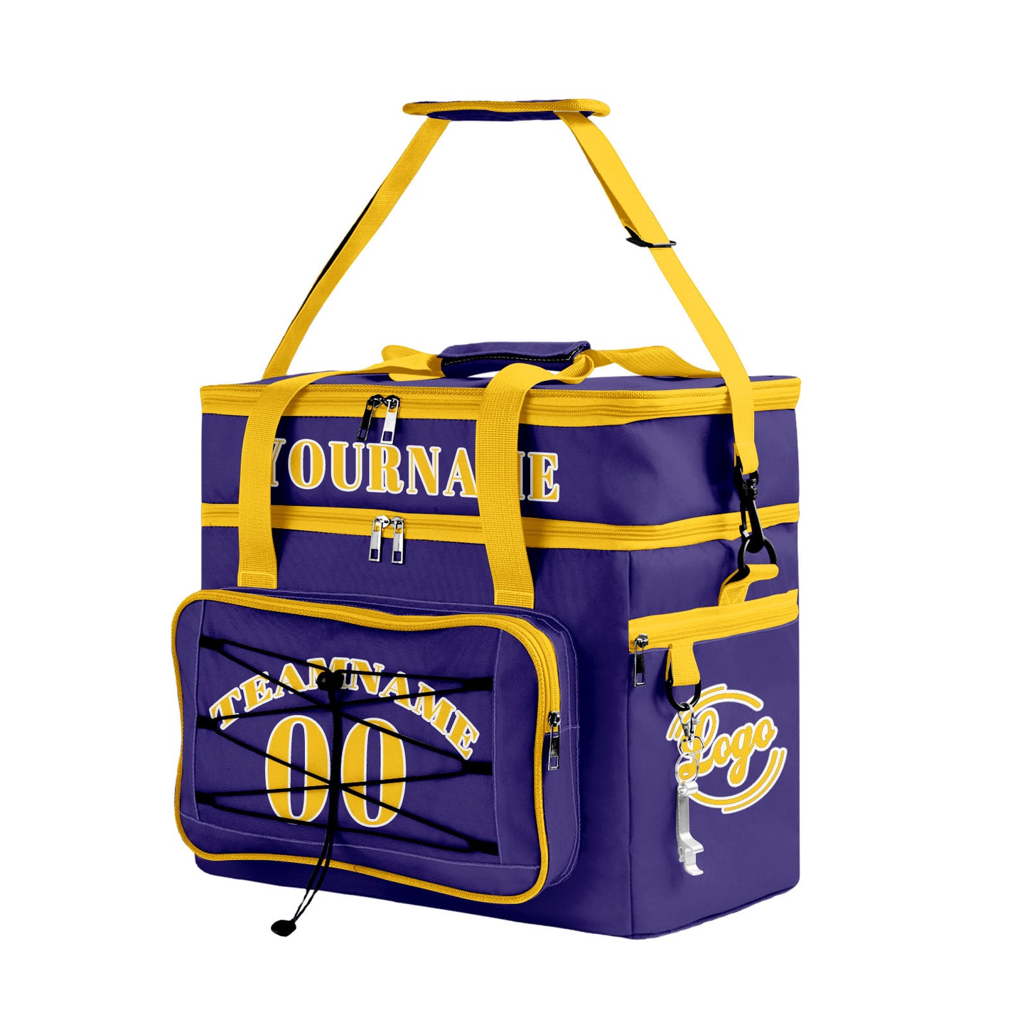 Custom Purple Yellow All-Over Print Double Layer Insulated Cooler Bag - Waterproof 600D Oxford Picnic Tote for Team Events & Outdoor BBQ