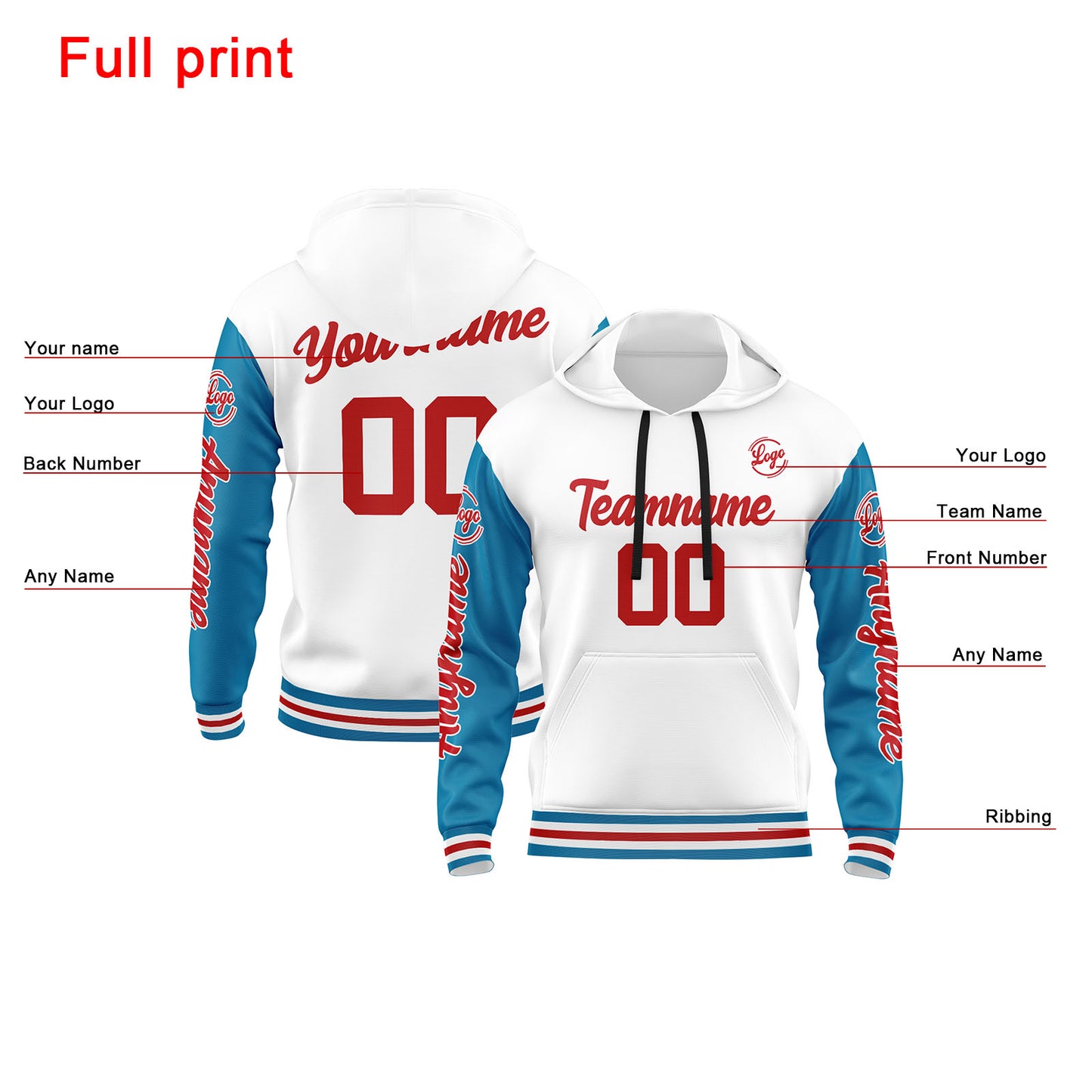 Custom Blue White Red Hoodie Personalized Mens Pullover Hoodie Printed Team Name Number Logo for Women