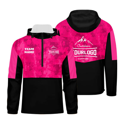Custom Pink Camouflage Windproof Softshell  Hooded Jacket - Lightweight Full - Zip, Full Print Logos & Texts