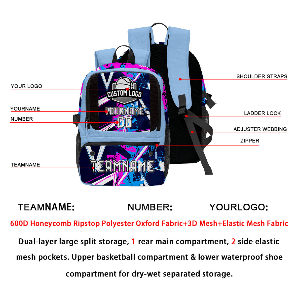Custom Blue Black White Basketball Soccer Backpack Personalized Player Names Numbers Team Logo #BB-0919-0005
