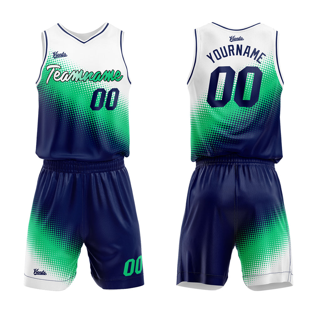 Custom White-Green-Navy Basketball Suit for Adults and Kids  Personalized Jersey