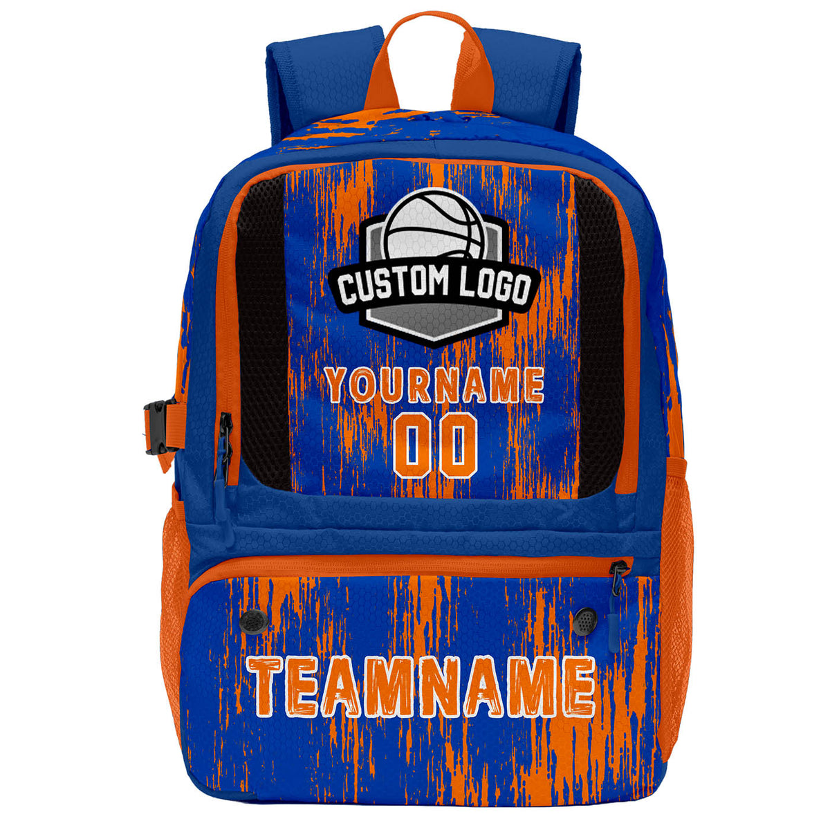 Custom Brilliant Blue Orange Basketball Soccer Backpack Personalized Player Names Numbers Team Logo #BB-0919-0009
