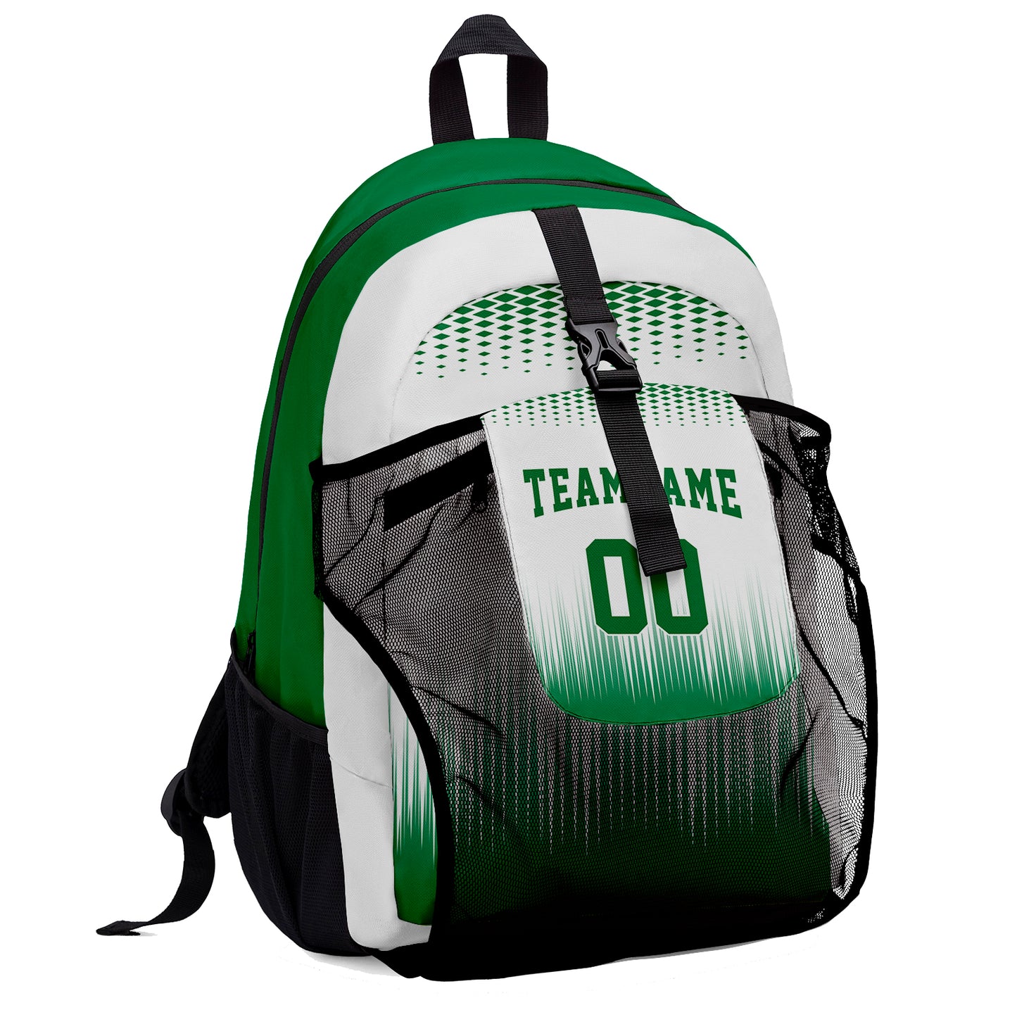 Customize White Green Sports Backpacks Featuring Personalized Names, Numbers and Logos