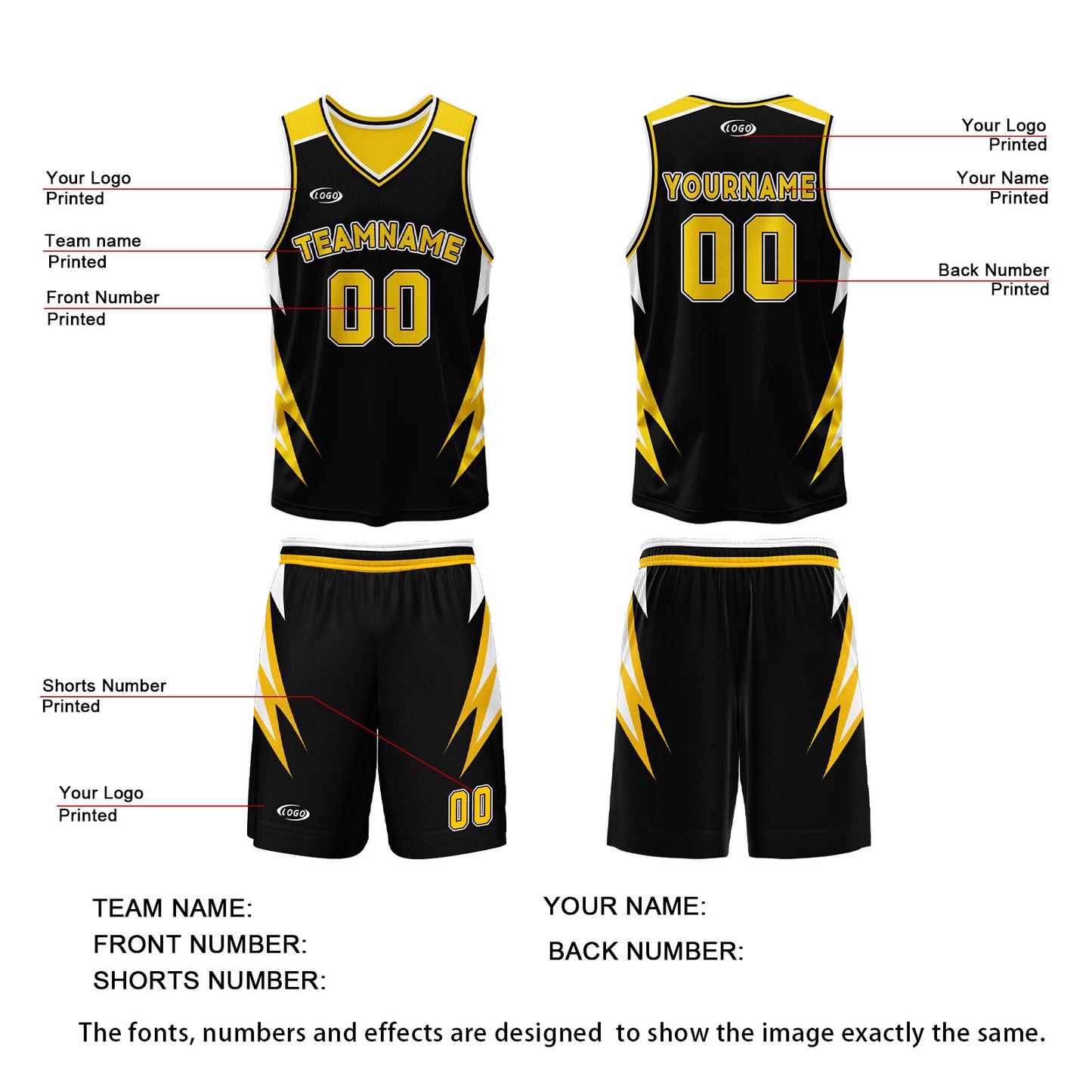 Custom Black Yellow Reversible Basketball Suit for Adults and Kids Personalized Jersey