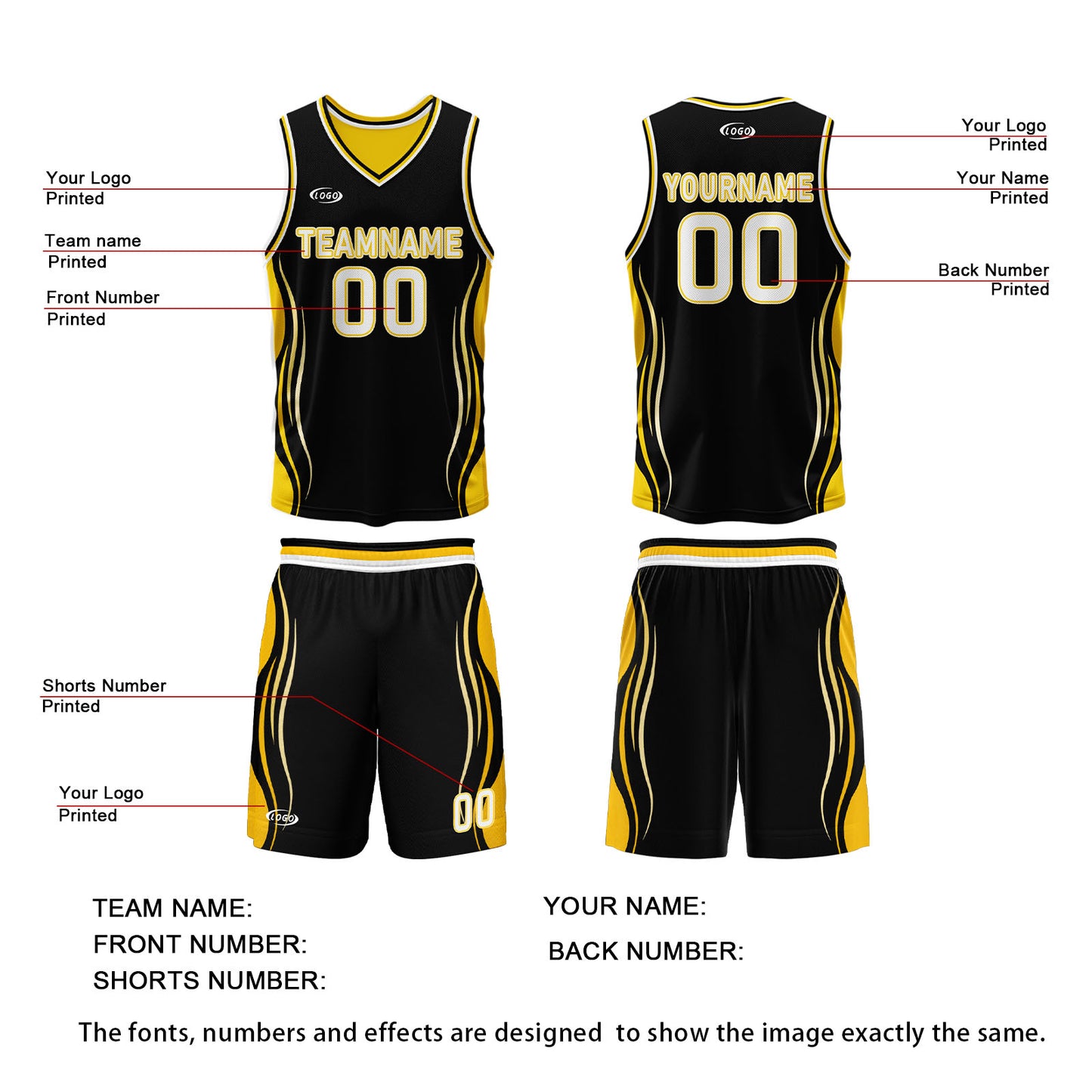 Custom Black Yellow Reversible Basketball Suit for Adults and Kids Personalized Jersey