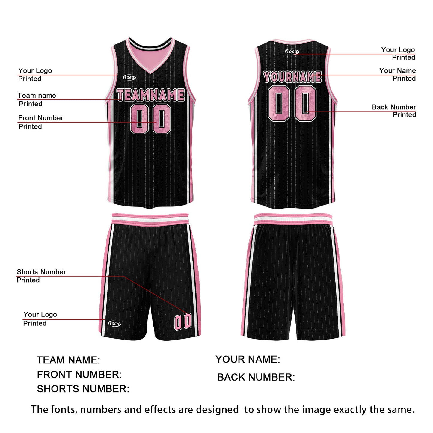 Custom Black Pink Reversible Basketball Suit for Adults and Kids Personalized Jersey