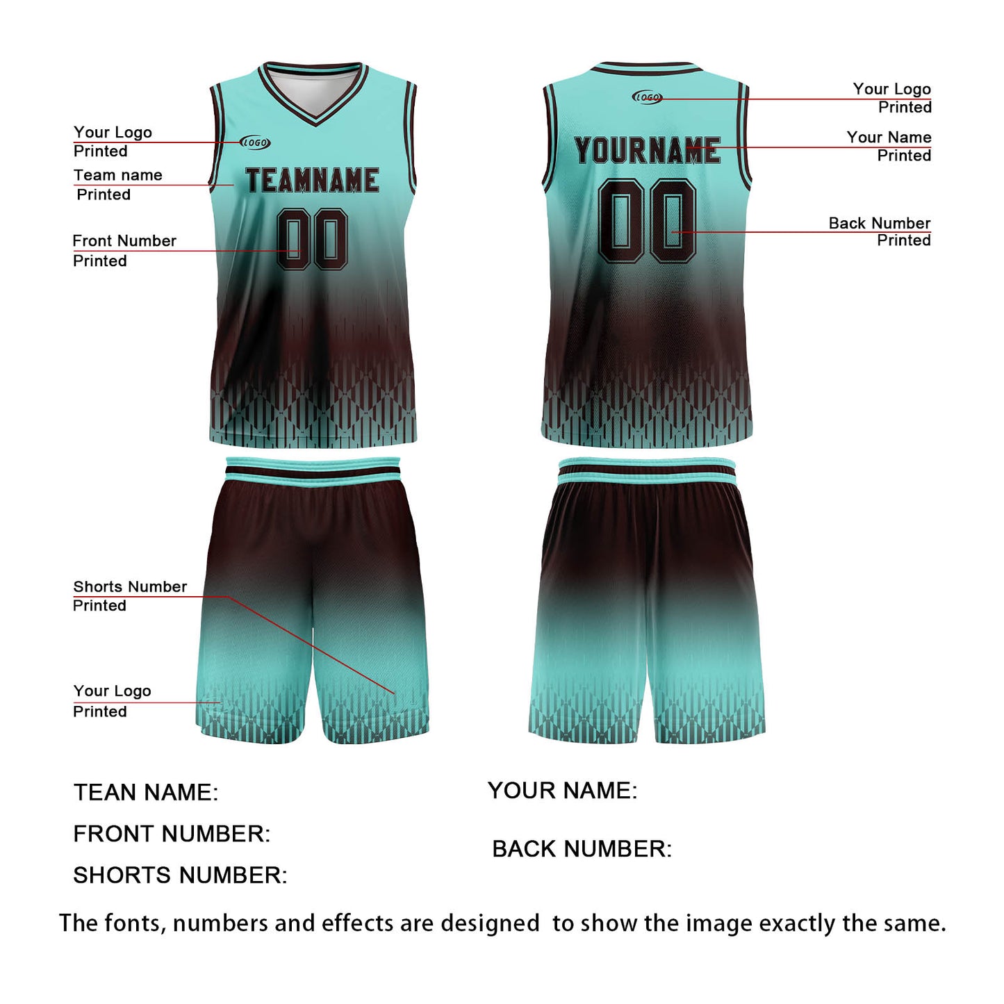 Custom Cyan Dark Brown Gradient Basketball Jersey Uniform Suit Printed Your Logo Name Number