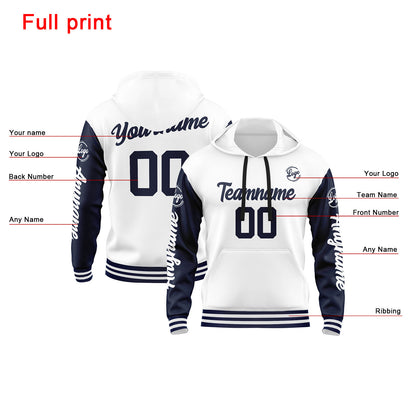 Custom Navy White Hoodie Personalized Mens Pullover Hoodie Printed Team Name Number Logo for Women