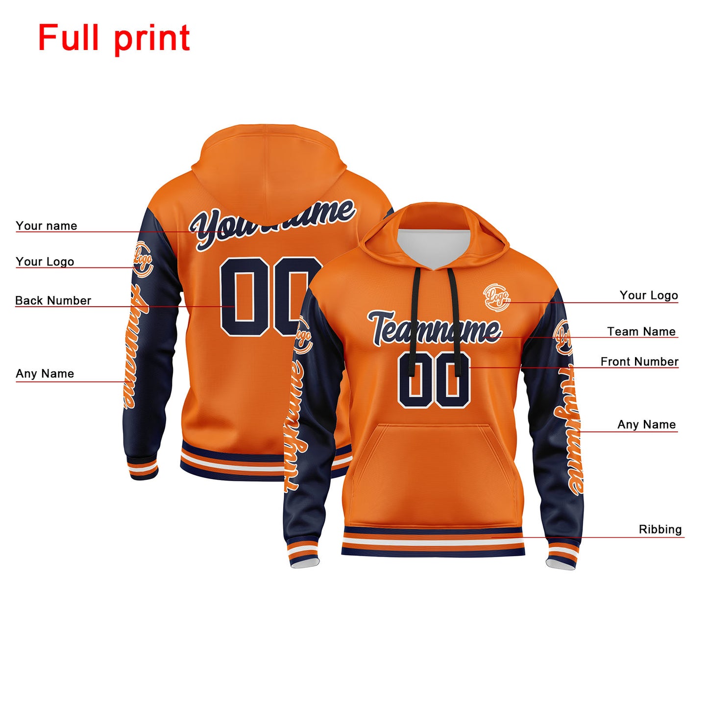 Custom Navy Orange Hoodie Personalized Mens Pullover Hoodie Printed Team Name Number Logo for Women