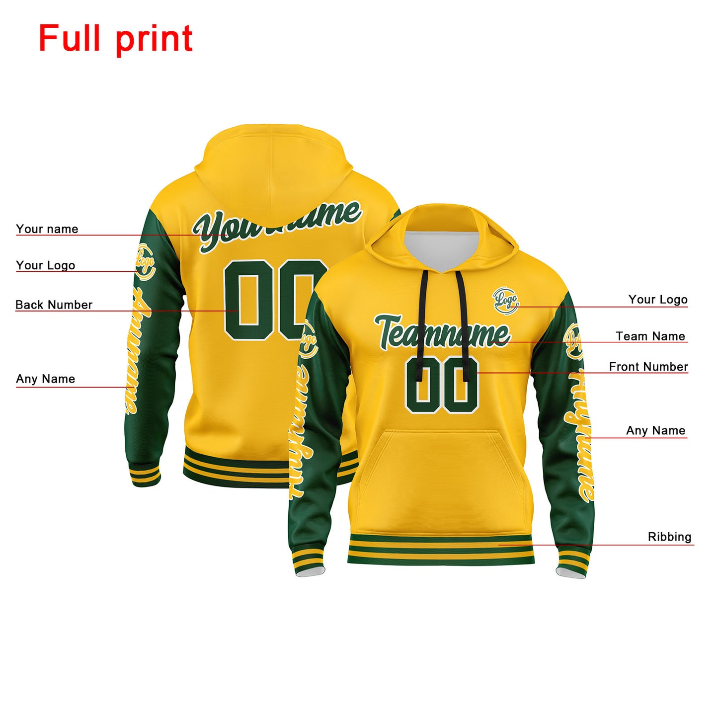 Custom Green Yellow  Hoodie Personalized Mens Pullover Hoodie Printed Team Name Number Logo for Women
